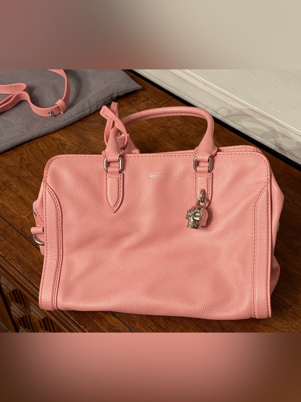 Alexander McQueen Pink Pebbled Leather Tote with Silver Skull Charm